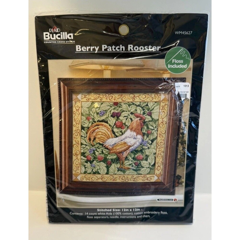 Bucilla Plaid Berry Patch Rooster Counted Cross Stitch Kit 12" X 12" WM45627